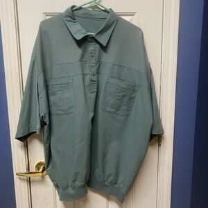 Vtg 80’s pull over 3/4 button Short Sleeved Pleated Blue Grandpa Shirt Men's 4XL